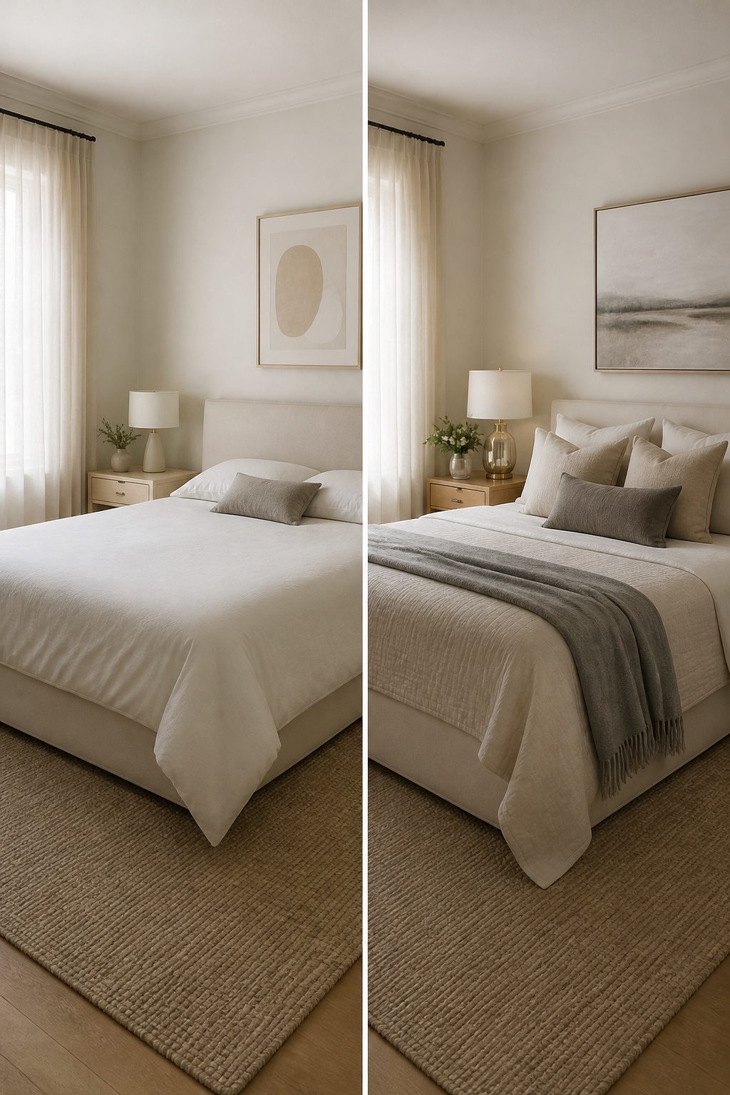 A bedroom decorated in soft beige, gray, and cream colors.