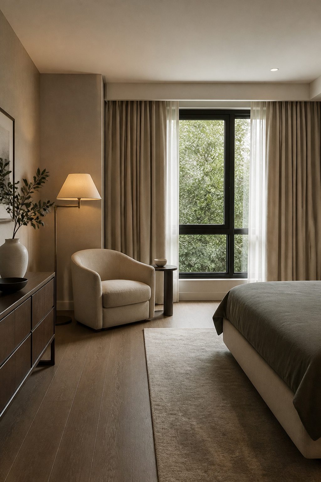 A chic corner with an upholstered chair and side table in a bedroom.