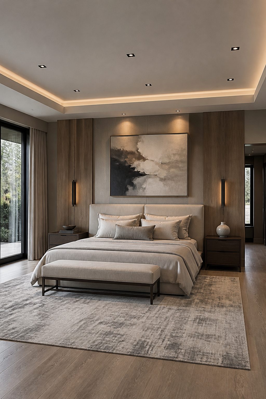 A large piece of art displayed above a bed in a modern luxury bedroom.