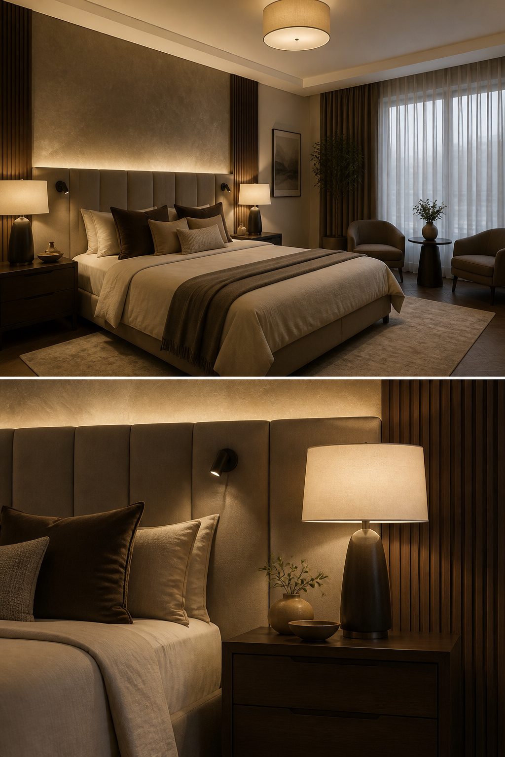 A modern bedroom with layered lighting from various fixtures.