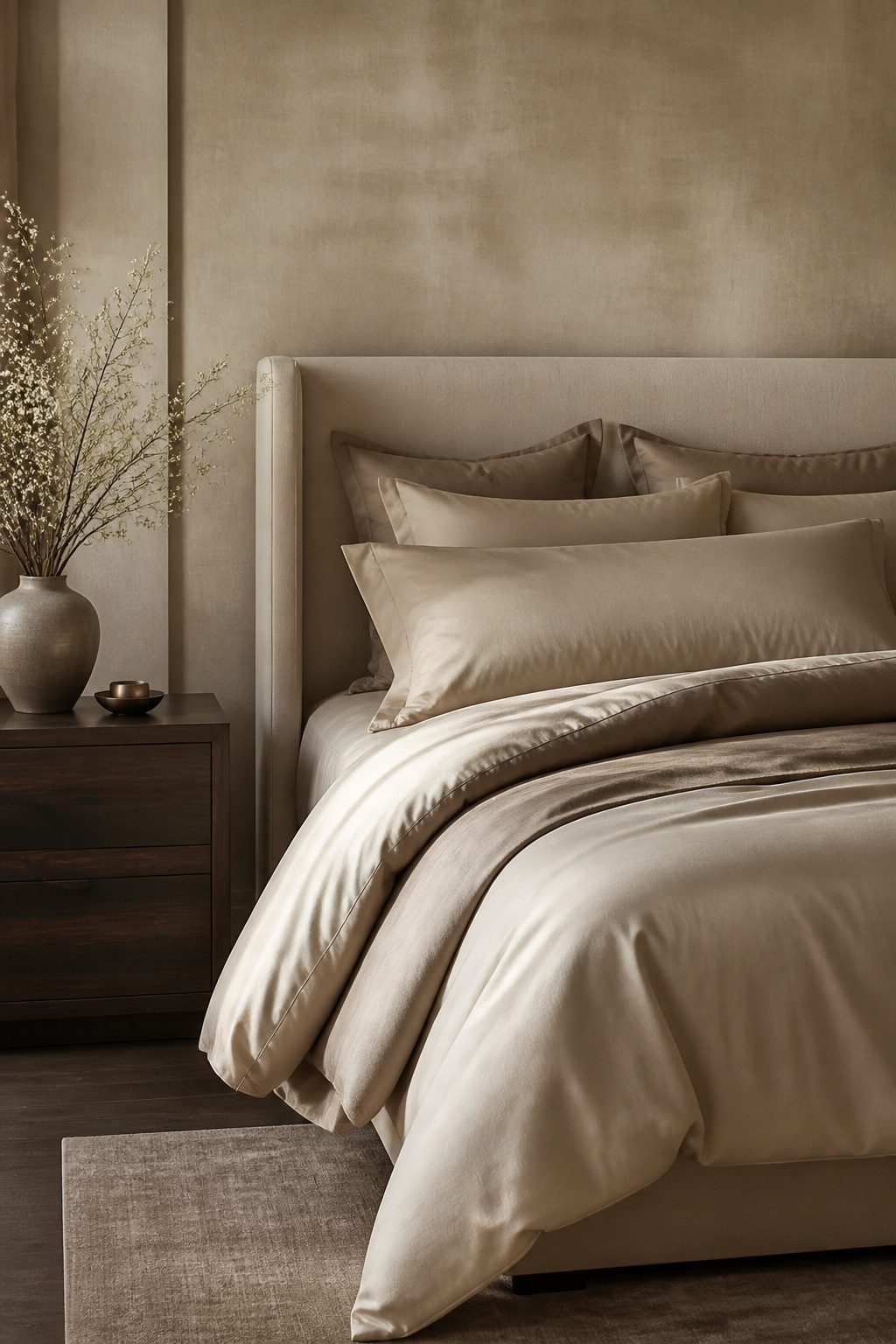 A luxurious bed framed by warm neutral duvet covers and layered pillows.