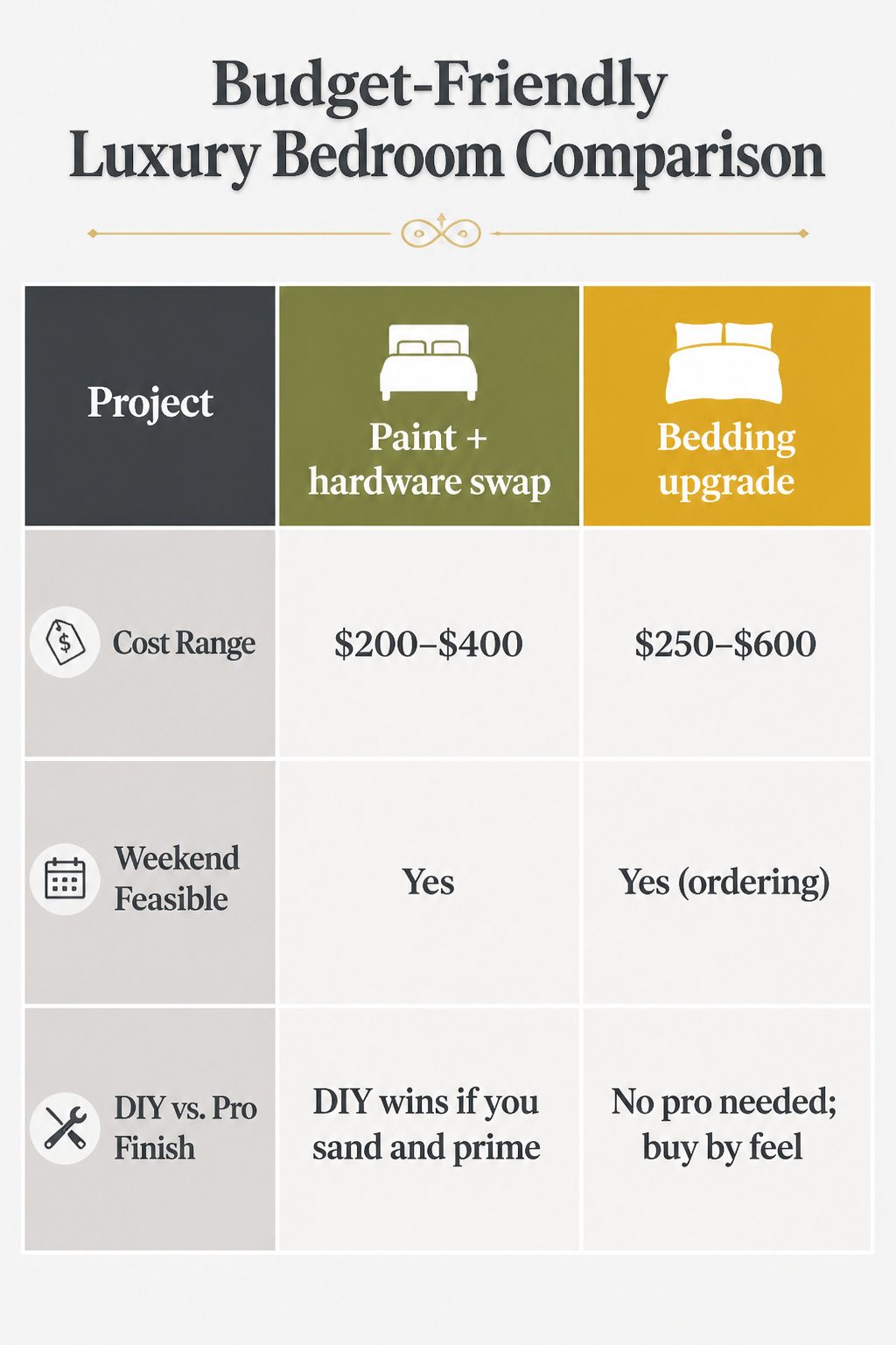A comparison image showing budget-friendly luxury bedroom upgrades.