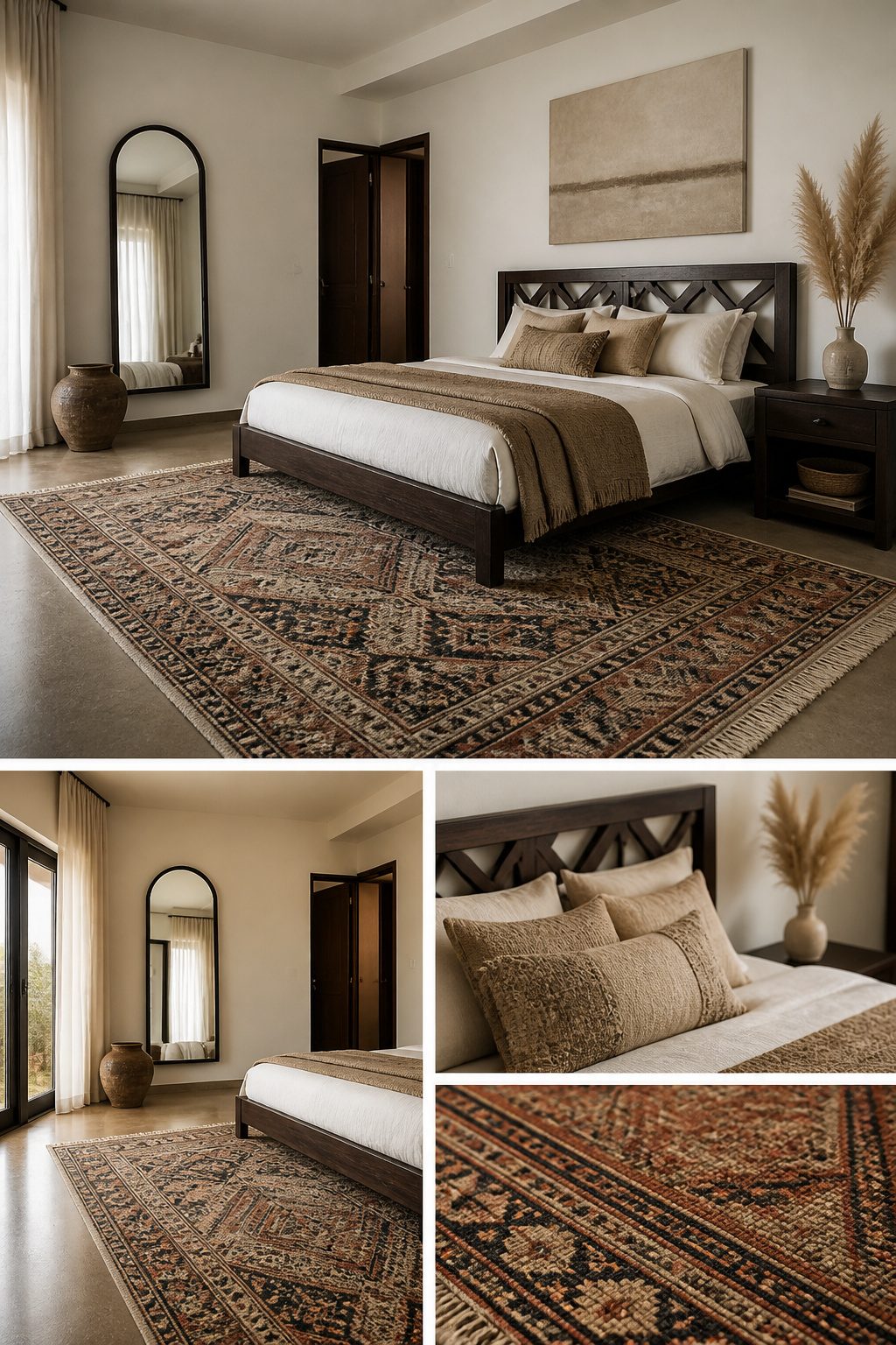 A Moroccan rug placed in a modern luxury bedroom with neutral decor.