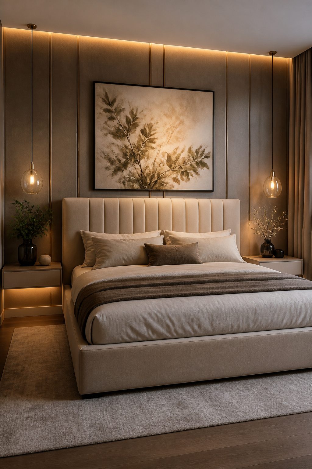 A statement bed with a vertical channel-tufted headboard in a modern bedroom.