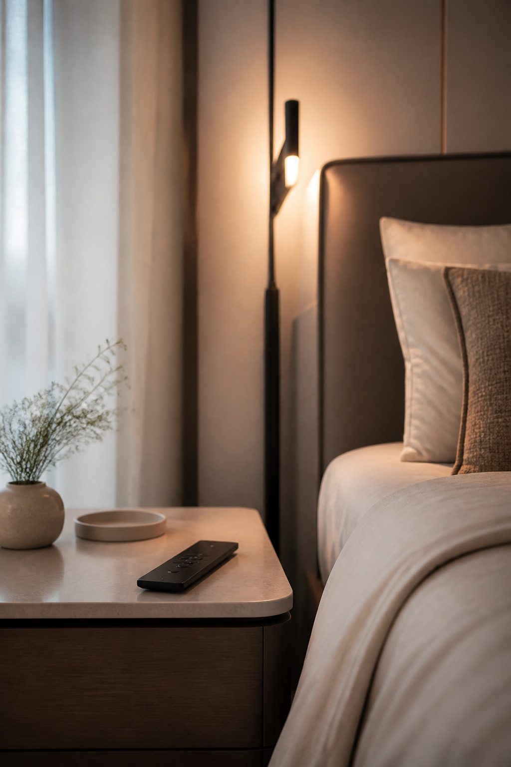 Smart technology features like motorized shades in a luxury bedroom.