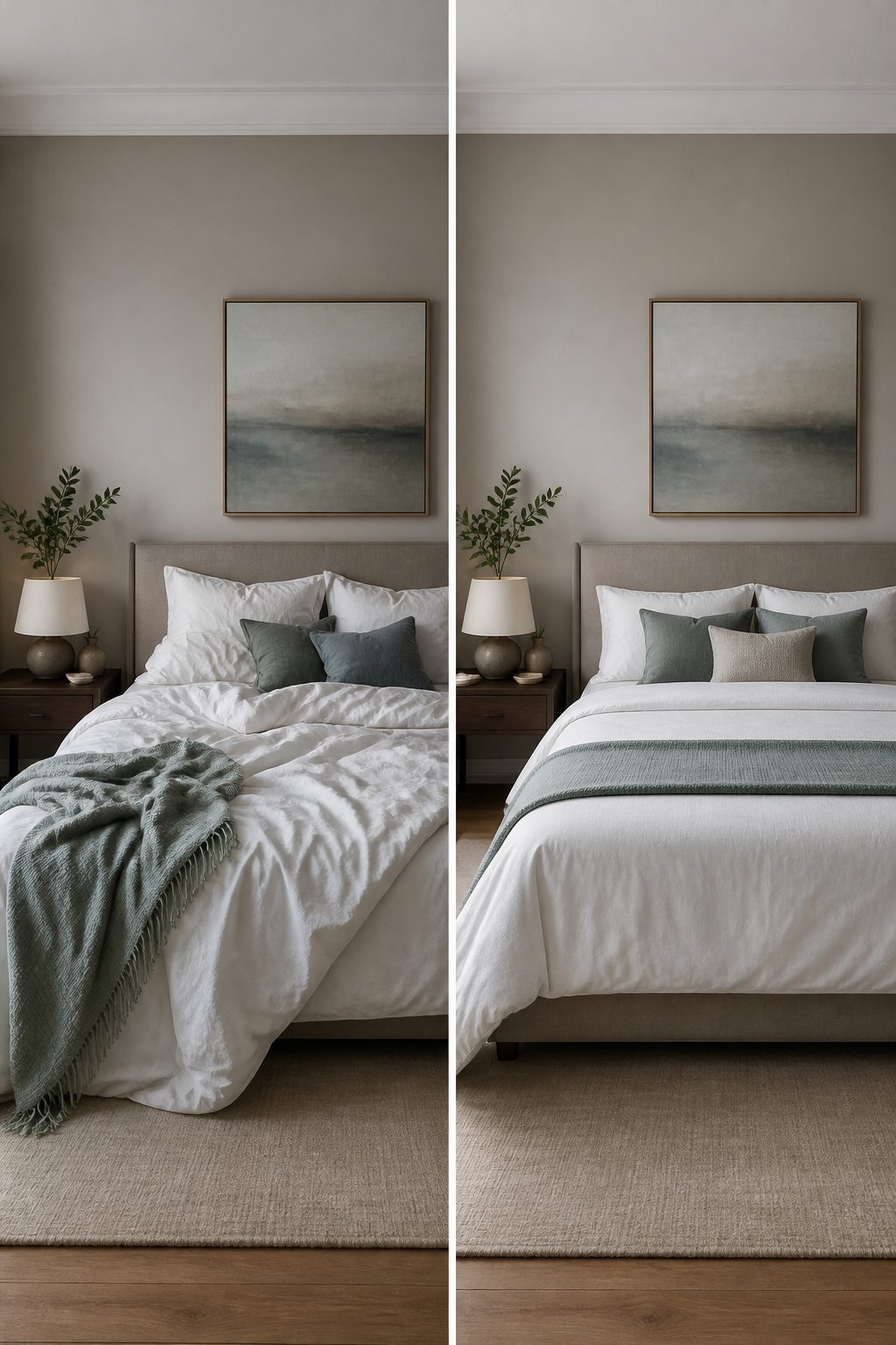 A bedroom with layered bedding and soft lighting for a luxe feel.