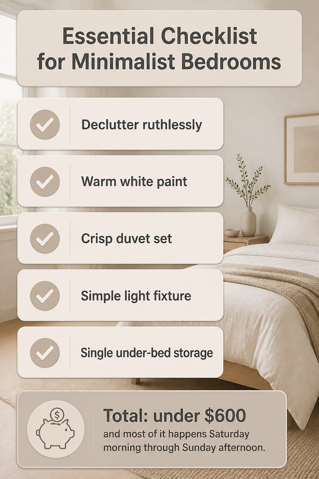 An informational checklist for minimalist bedroom essentials.
