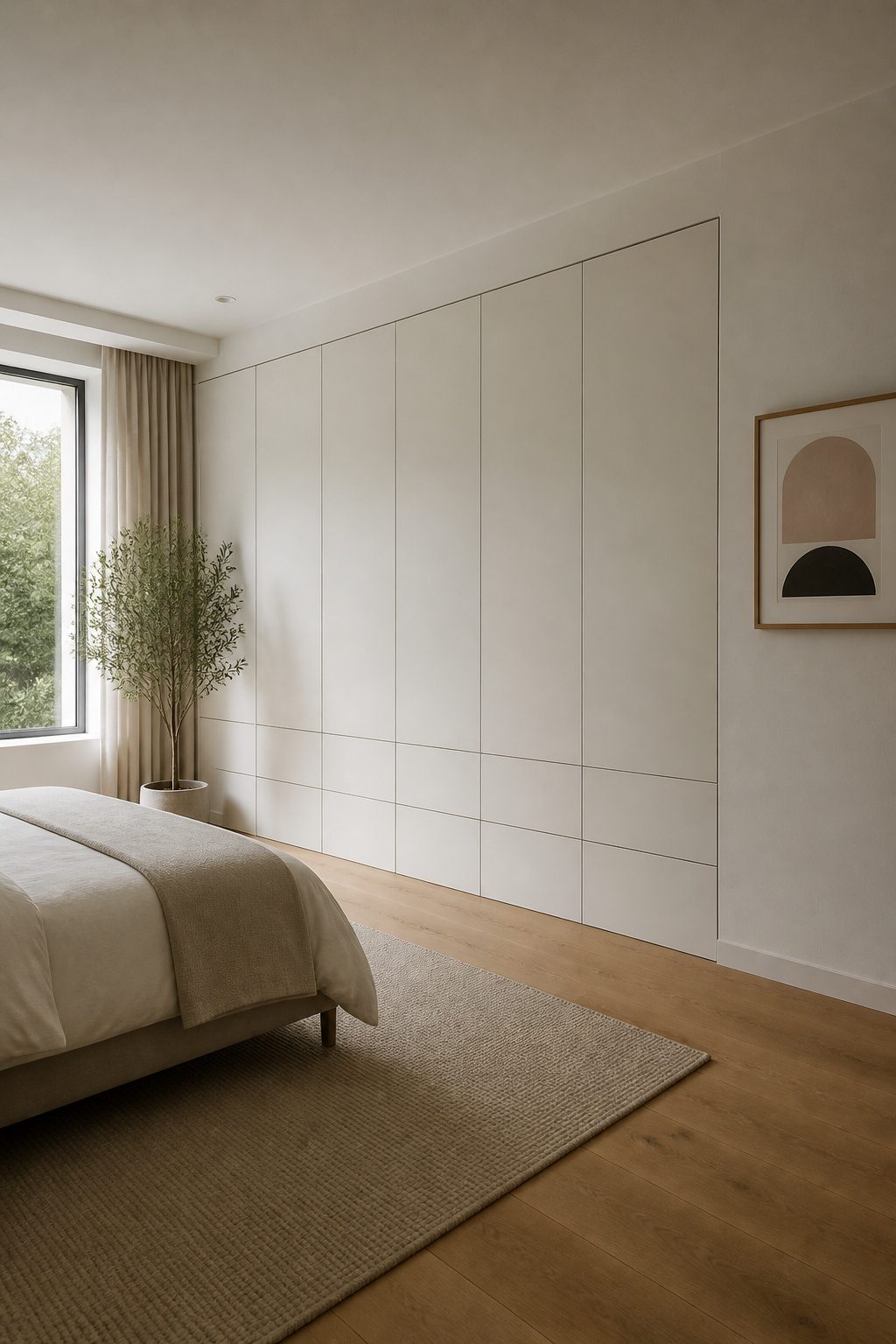 Wall-mounted handleless wardrobes in a minimalist bedroom.