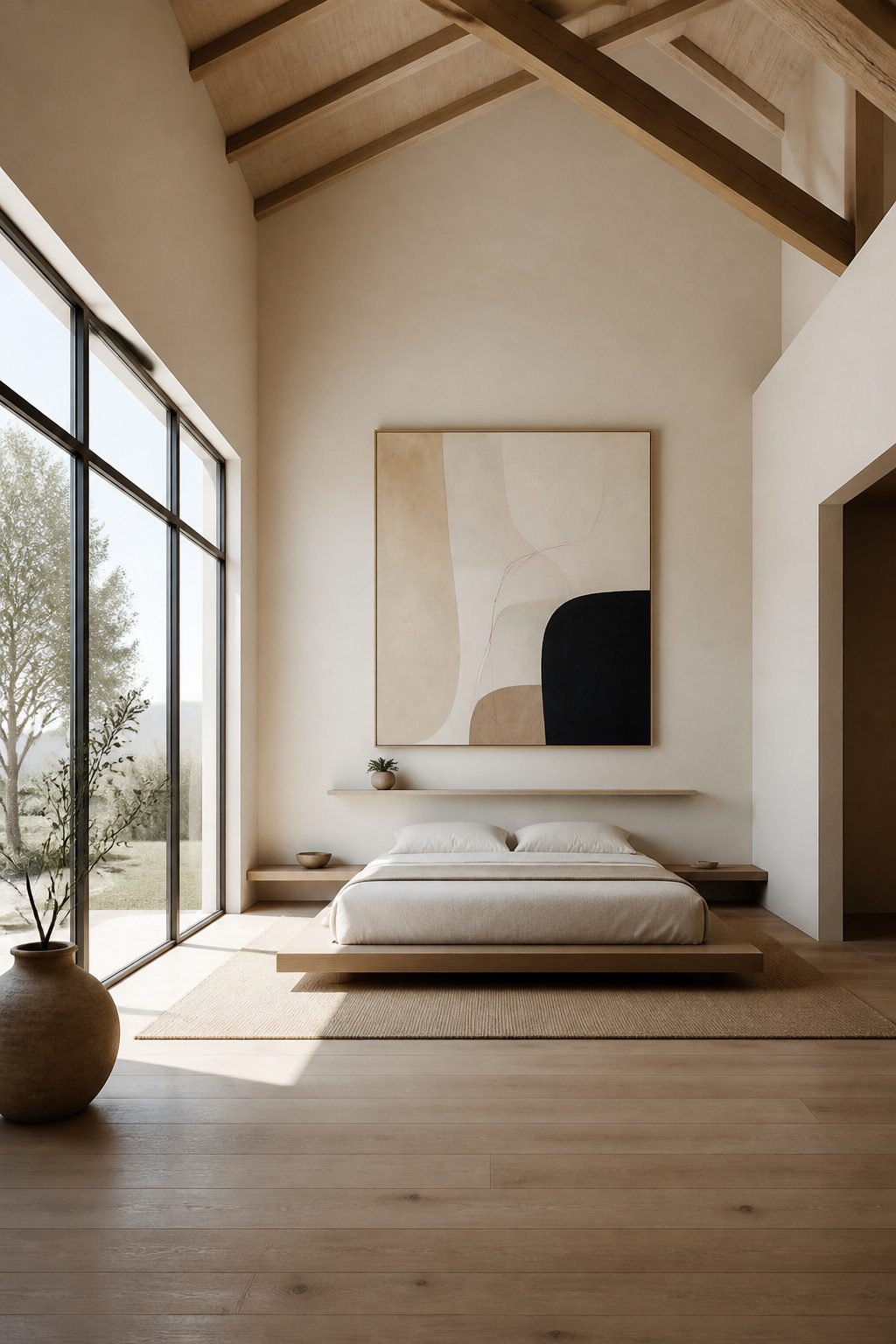 A minimalist wall with one large piece of abstract artwork.
