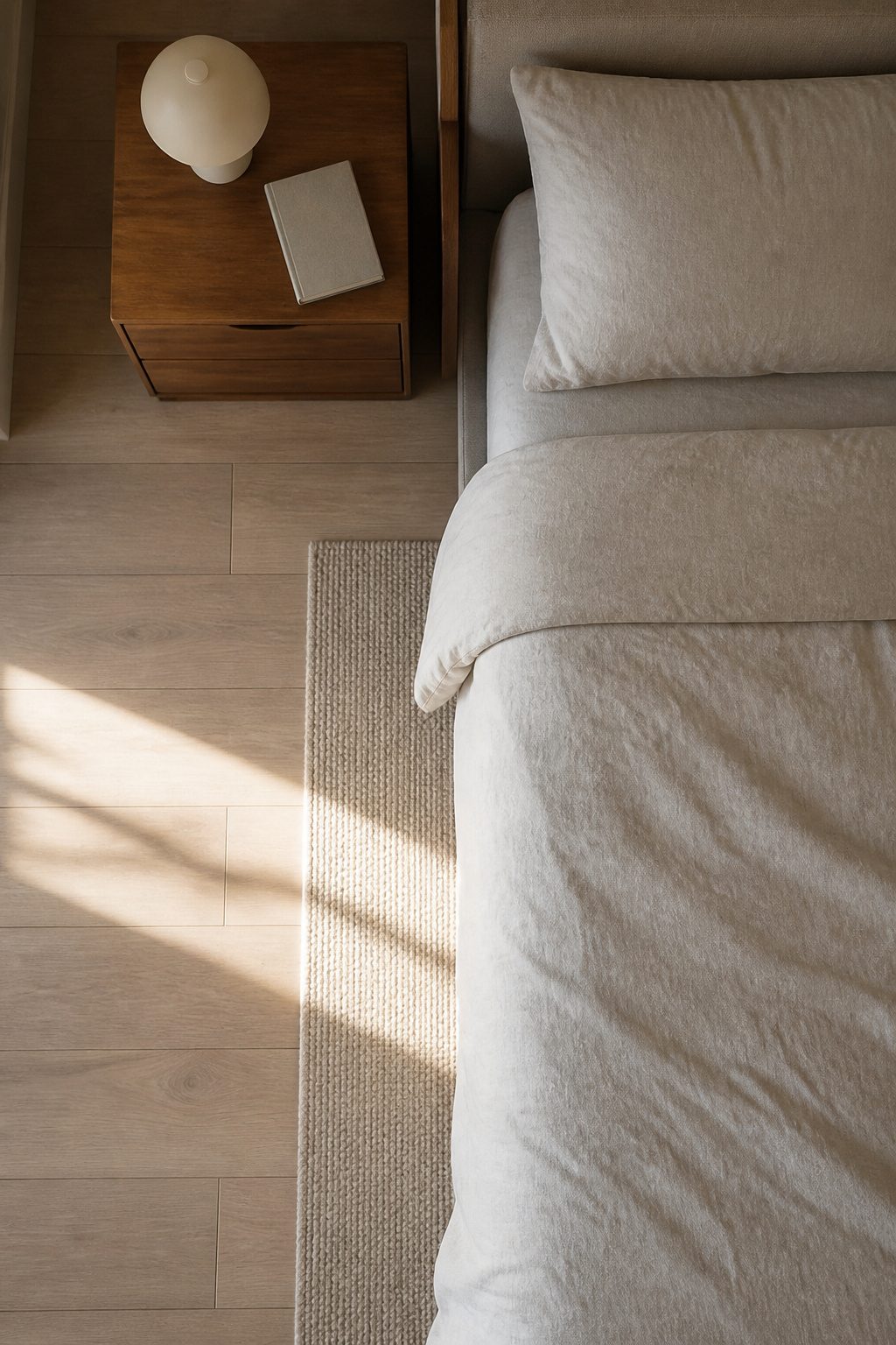Minimalist nightstands with a lamp and a small book.