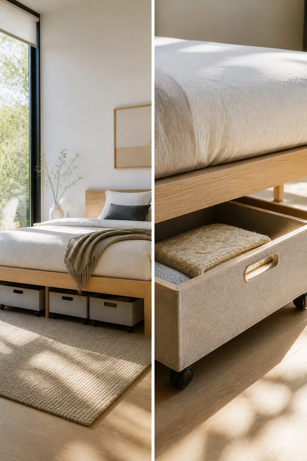 A platform bed with integrated drawers for storage.