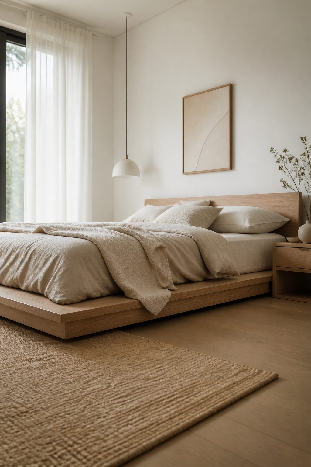 A low-profile bed frame in light wood with a simple design.