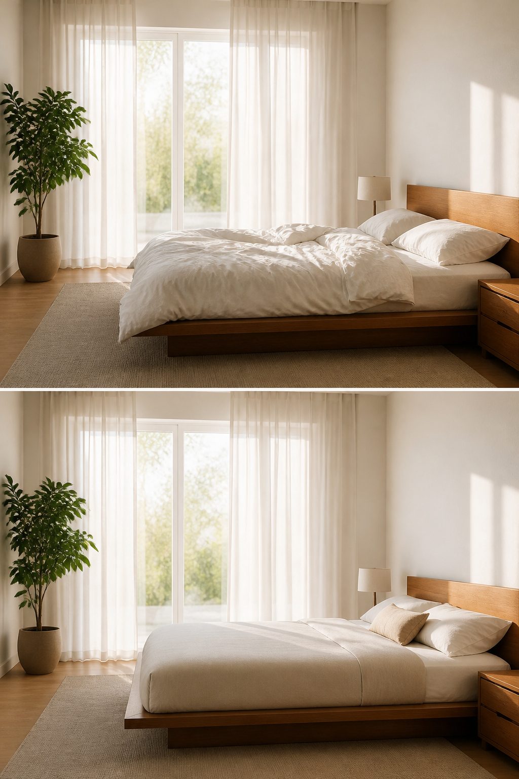 Sheer curtains gently filtering light in a minimalist bedroom.