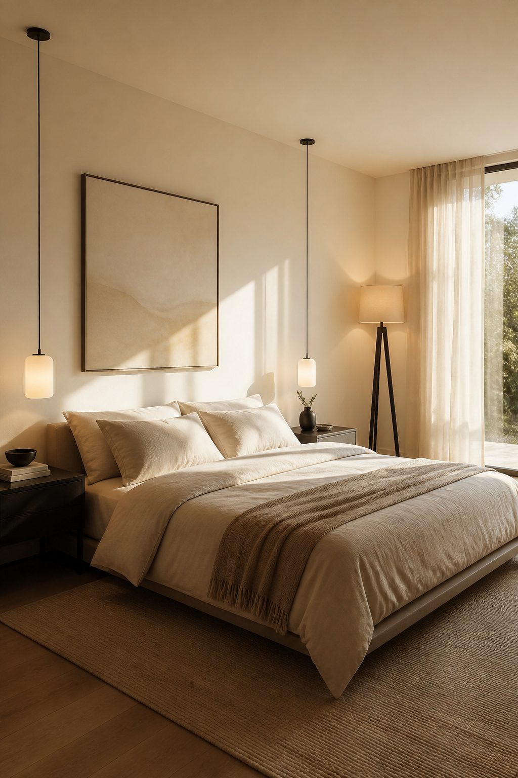 Elegant pendant lights hanging above nightstands in a bedroom.