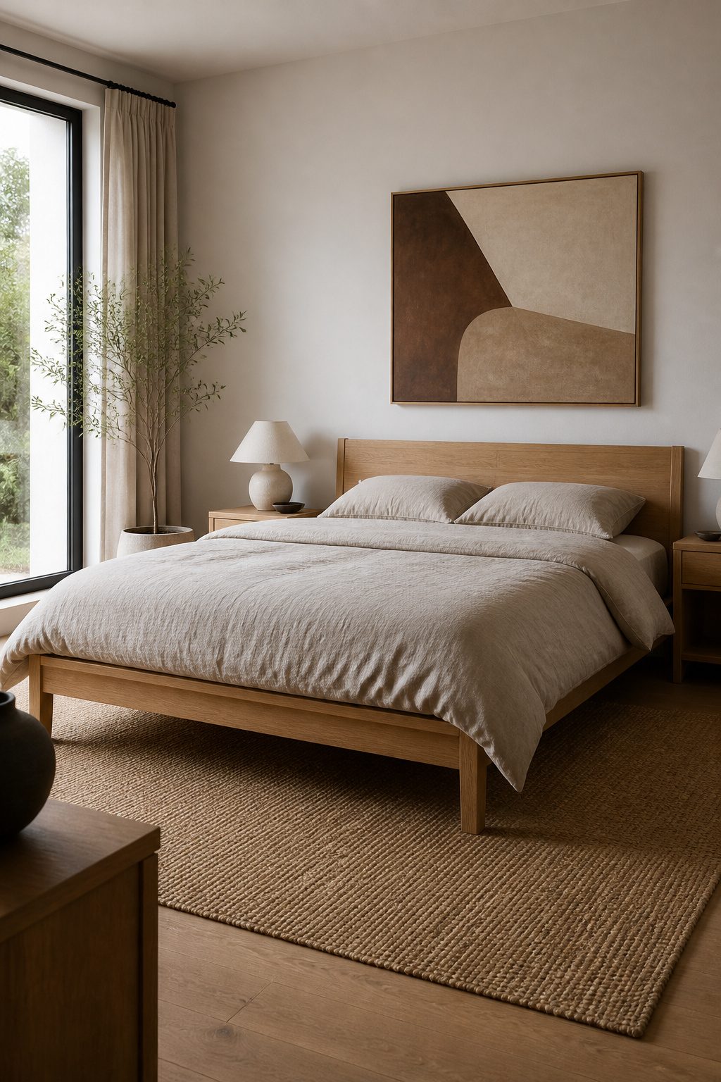 A modern bedroom with natural wood and soft linen bedding.
