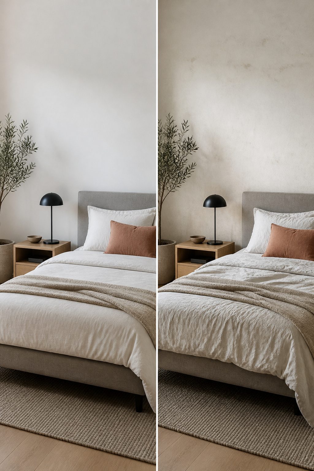 A minimalist bedroom with warm white walls and earthy toned accents.