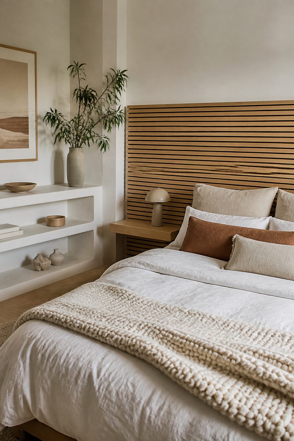 A cozy Scandinavian-style bedroom with natural textiles and wood.