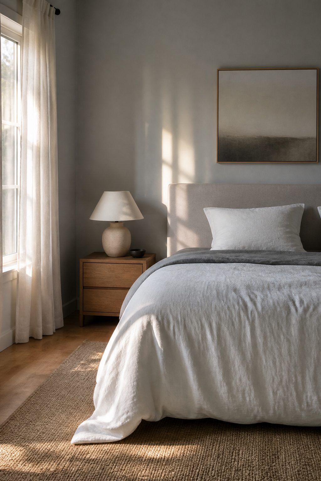 A neatly made bed with white linen duvet and soft grey sheets.