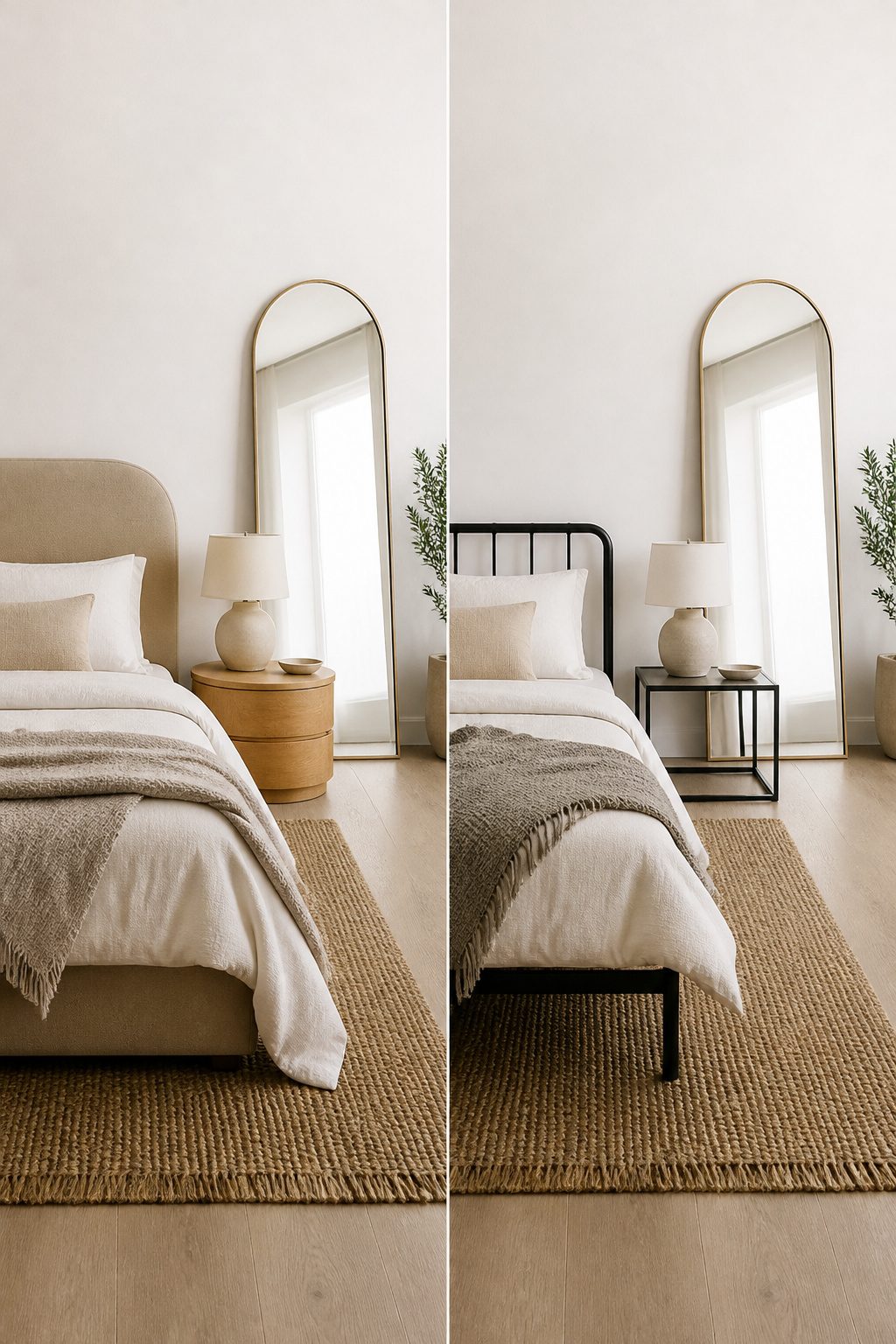 Curved furniture and rounded edges in a minimalist bedroom.