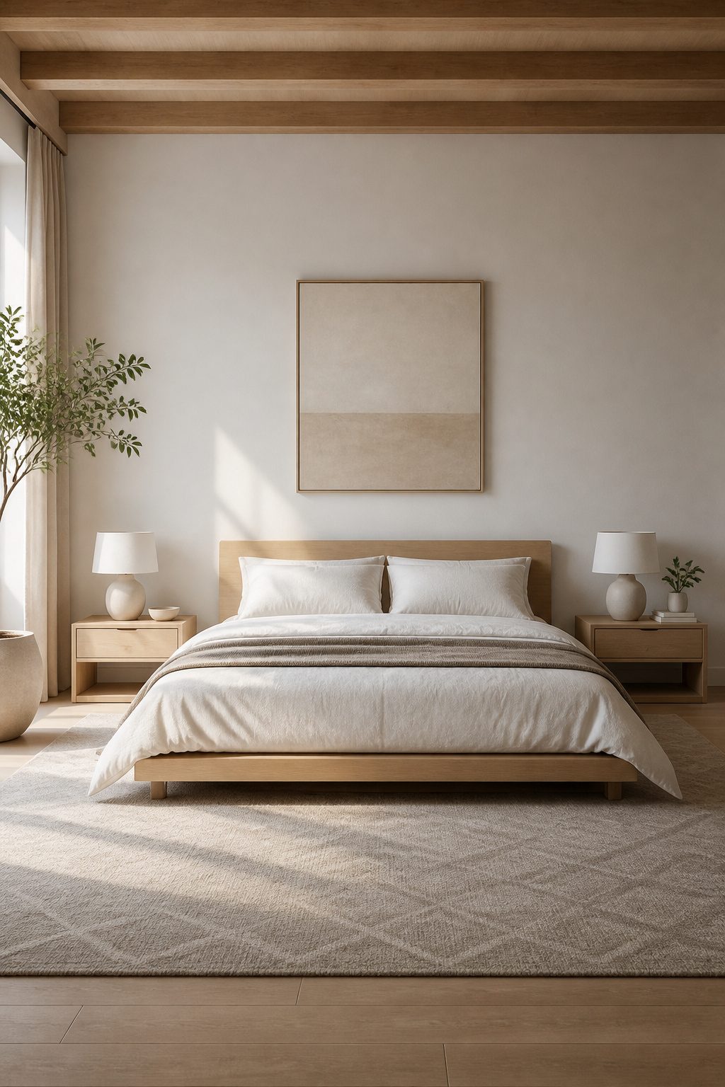 A minimalist bedroom featuring symmetrical nightstands with lamps.