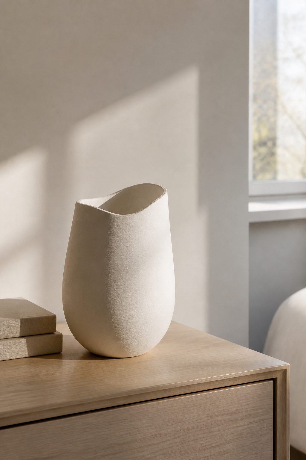 A ceramic vase and a stack of books on a dresser.
