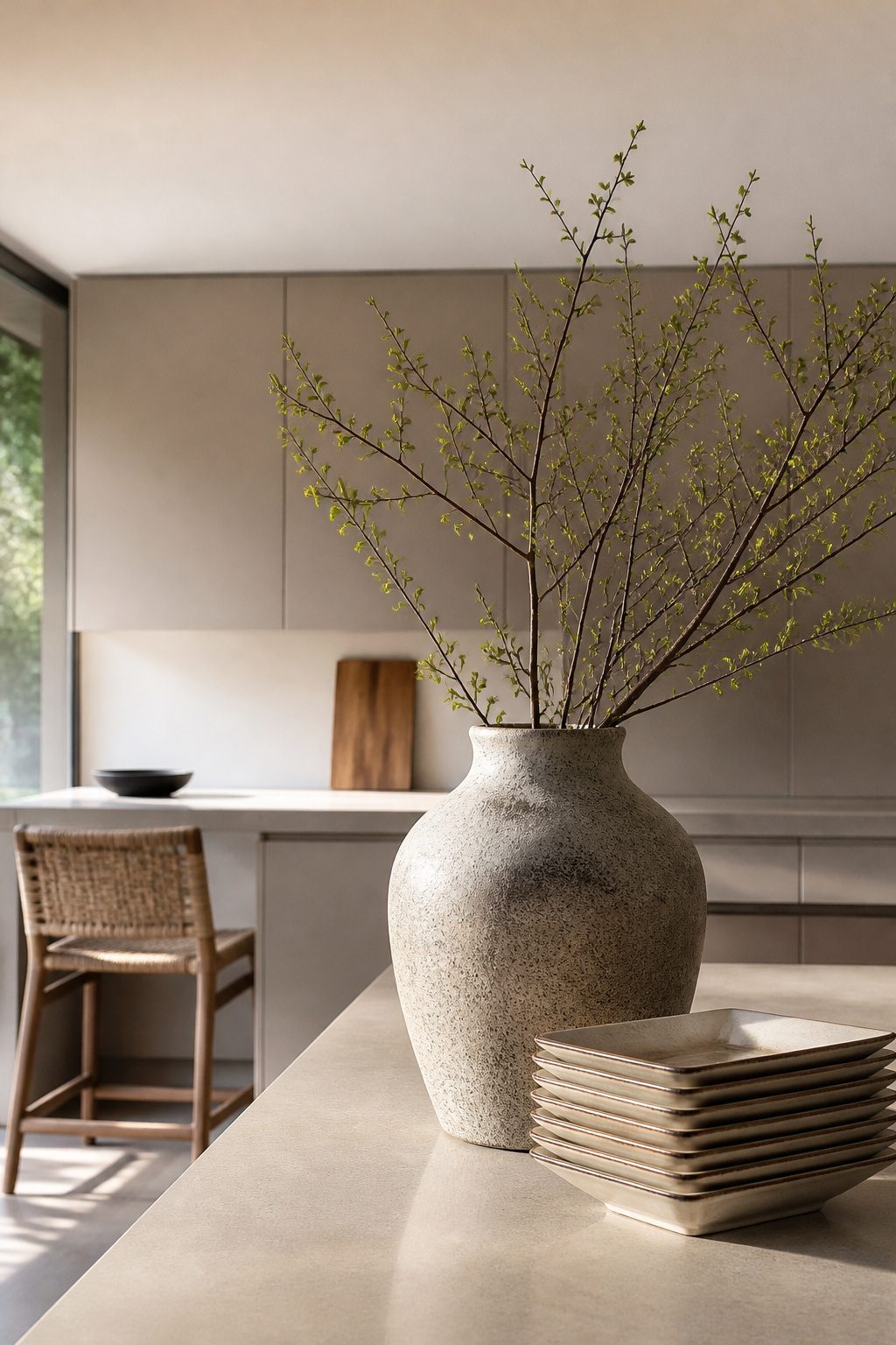 Minimalist kitchen with a ceramic vase and a single stool at the island.