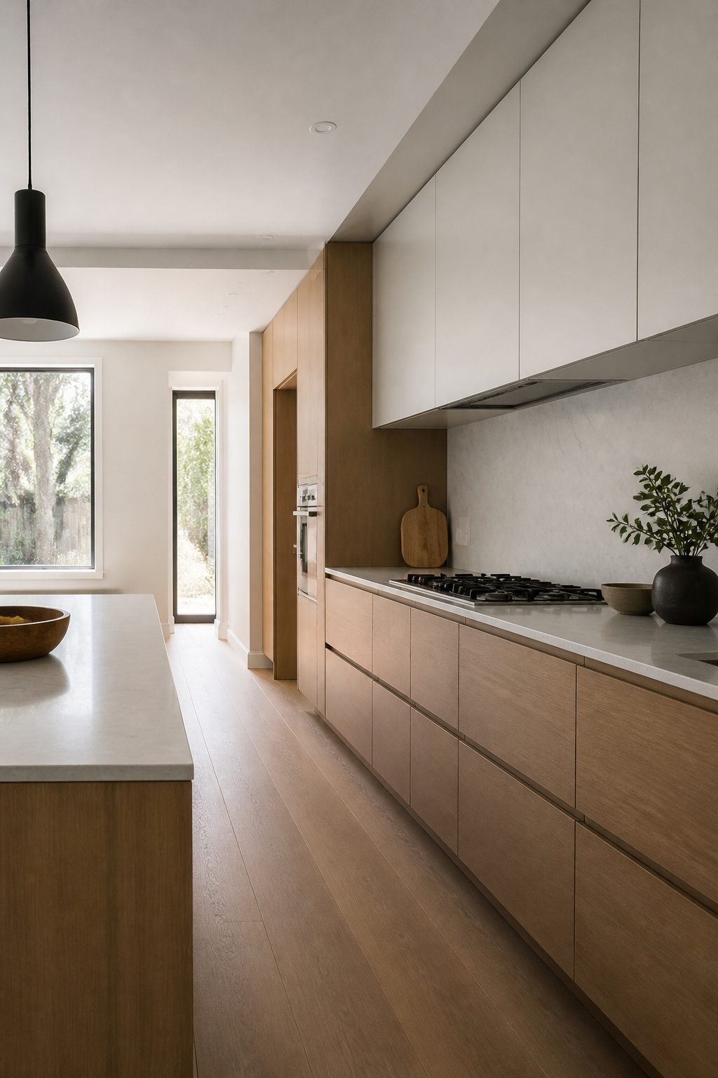 Modern kitchen with flat-panel cabinetry and natural light.