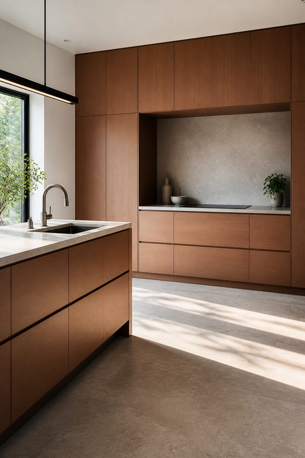 Kitchen with push-to-open cabinetry featuring a rich wood finish.