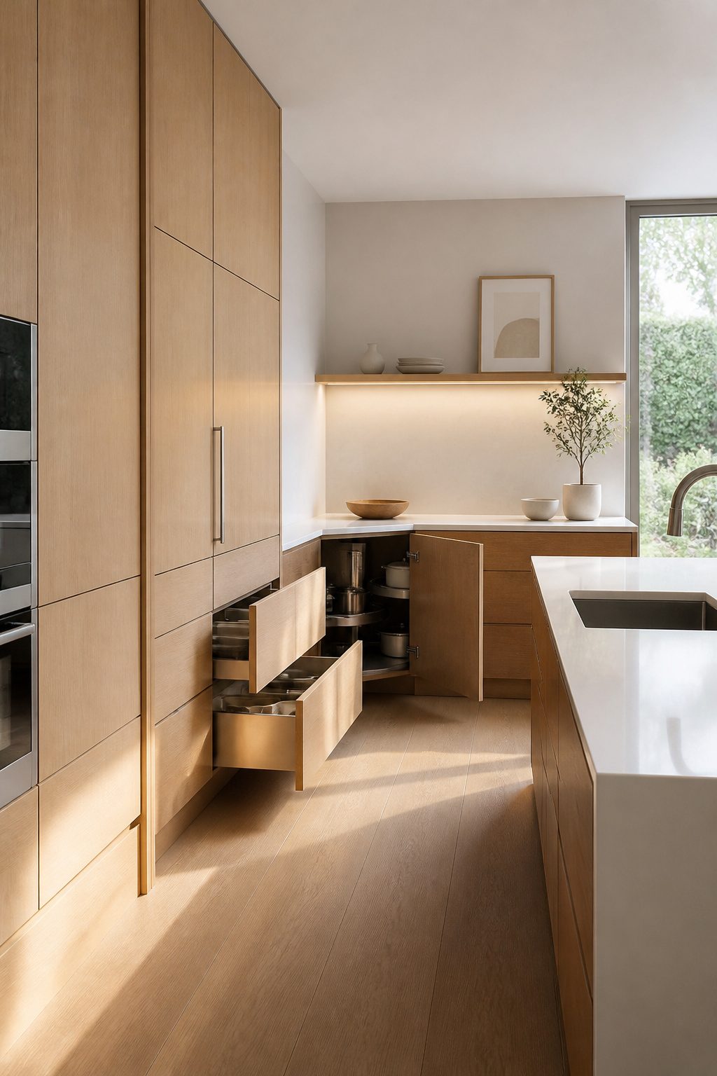 Modern kitchen with tall pantry columns and organized full-extension drawers.