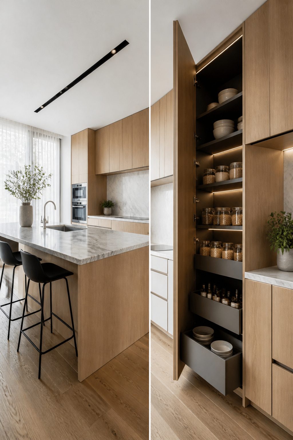 Modern minimalist kitchen designed for family use with concealed storage.