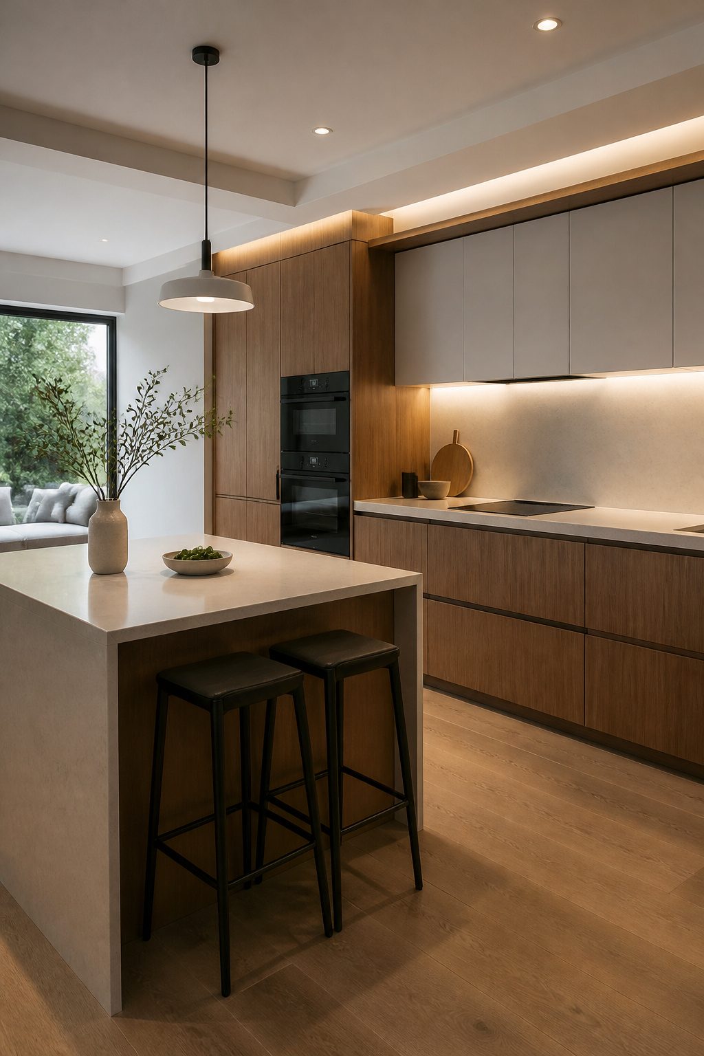 Kitchen illuminated by recessed lights and a single pendant over the island.
