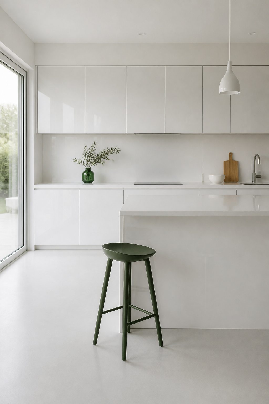 Modern kitchen with white surfaces creating a continuous color scheme.