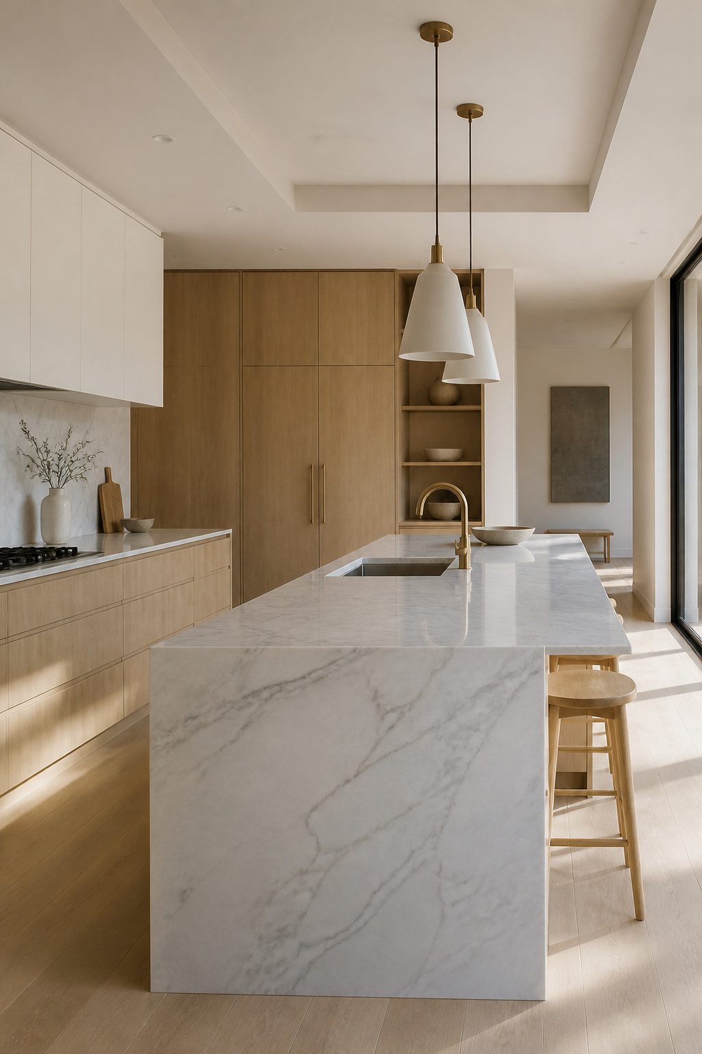 Kitchen featuring limed-grain oak cabinetry and polished stone island.