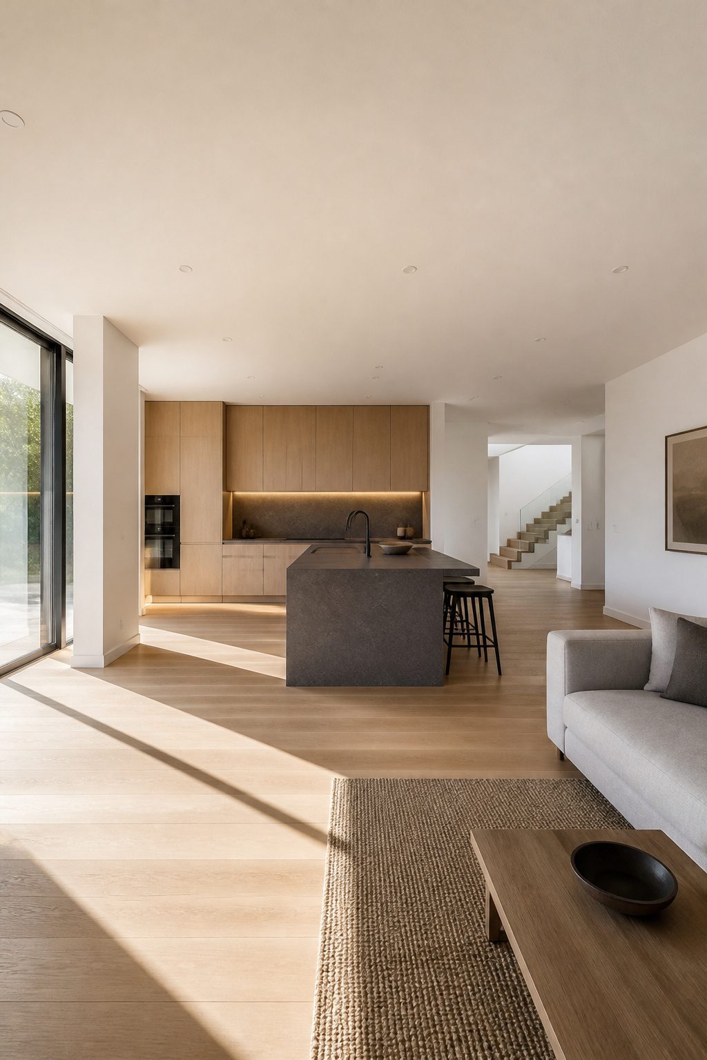 Kitchen with open layout and clear pathways between counters and island.
