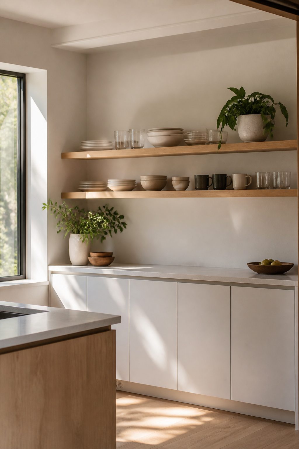 Minimalist kitchen with open shelves displaying dishware and a potted plant.