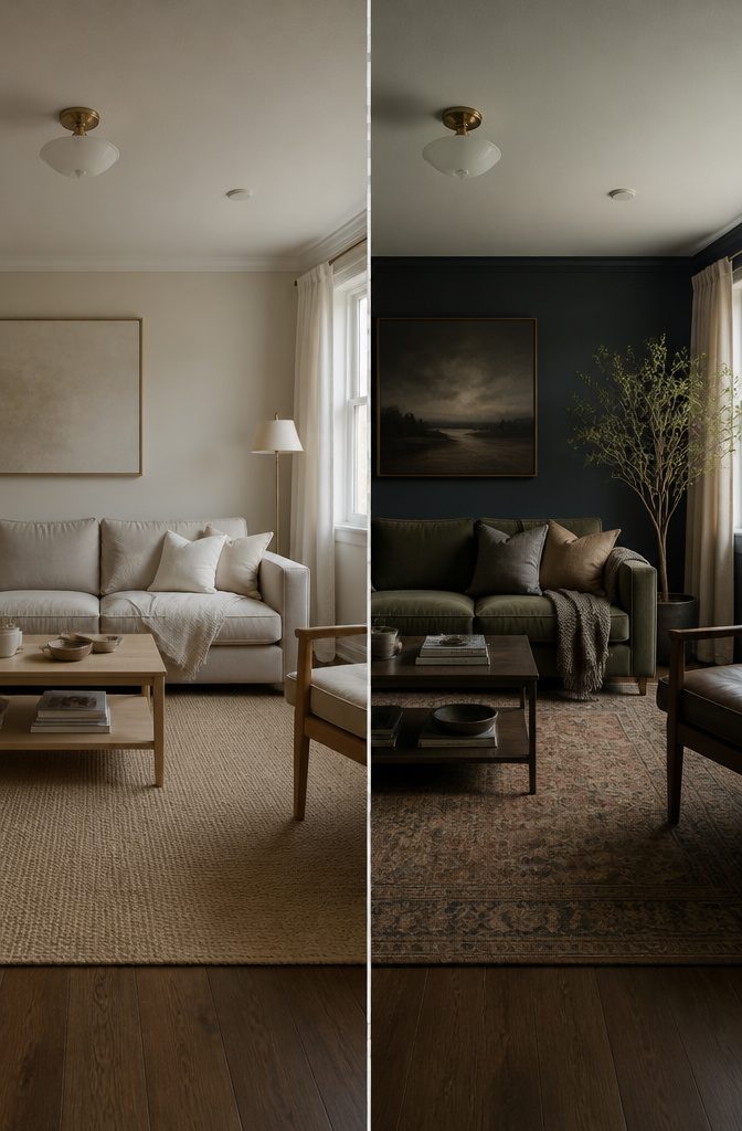 Dark green living room walls beside a matching green sofa