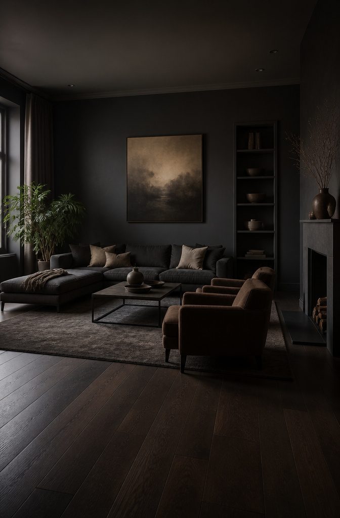 Small living room with dark walls, trim, and ceiling