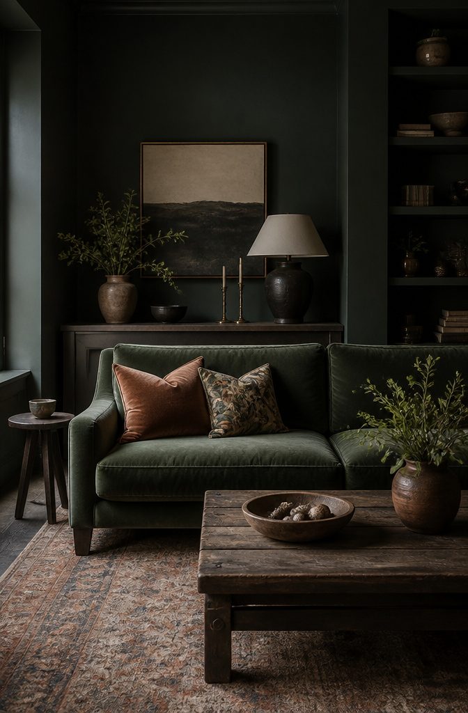 Navy living room walls with a brass chandelier and walnut console