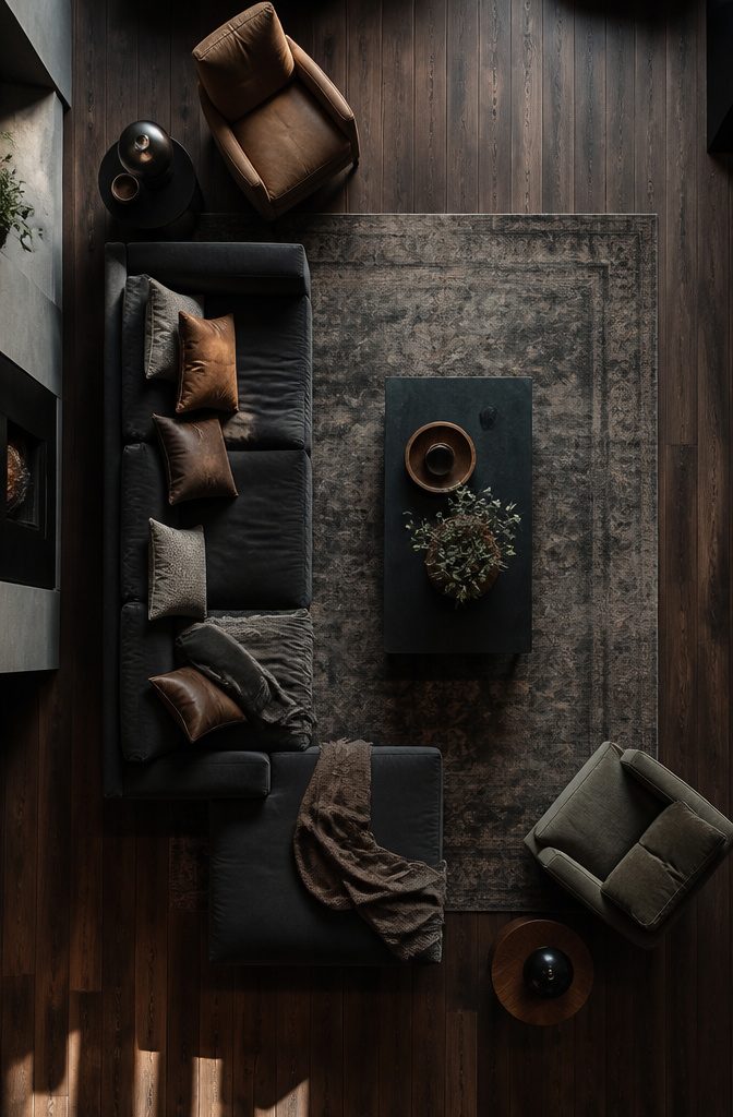 Dark living room with glossy trim and matte painted walls