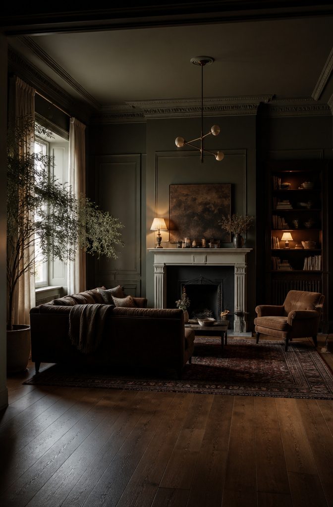 Living room with floor lamp, table lamp, and wall sconce