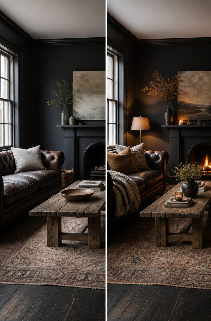 Cream sofa and honey-toned wood furniture against dark walls