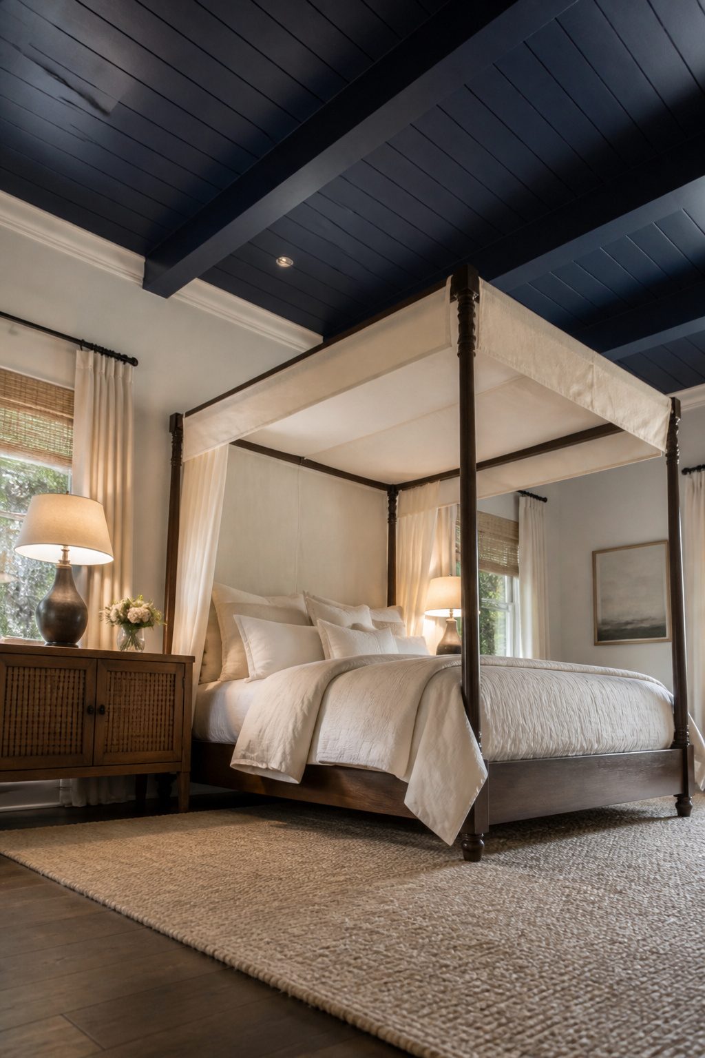 Navy ceiling in a bedroom with a four-poster bed.