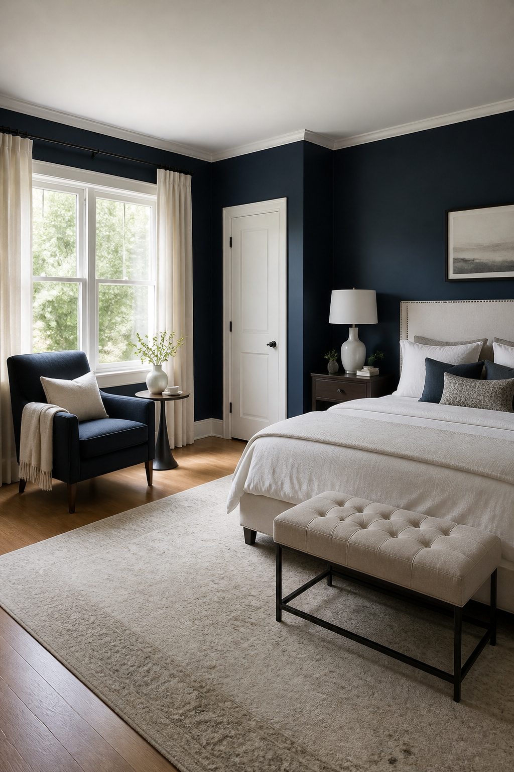 Navy accent chair positioned near a window in a bedroom.