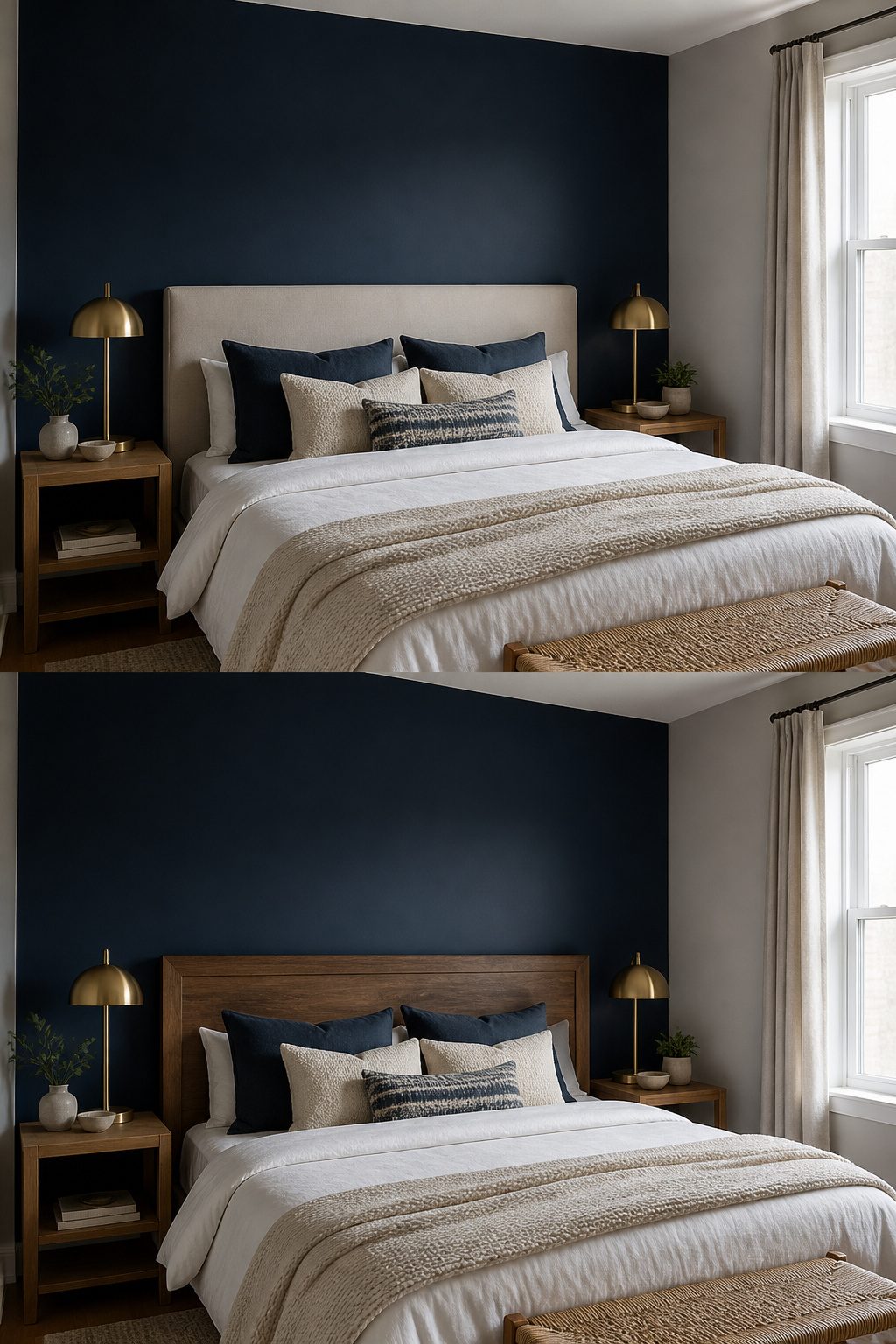 Navy accent wall behind a bed with lighter surrounding walls.