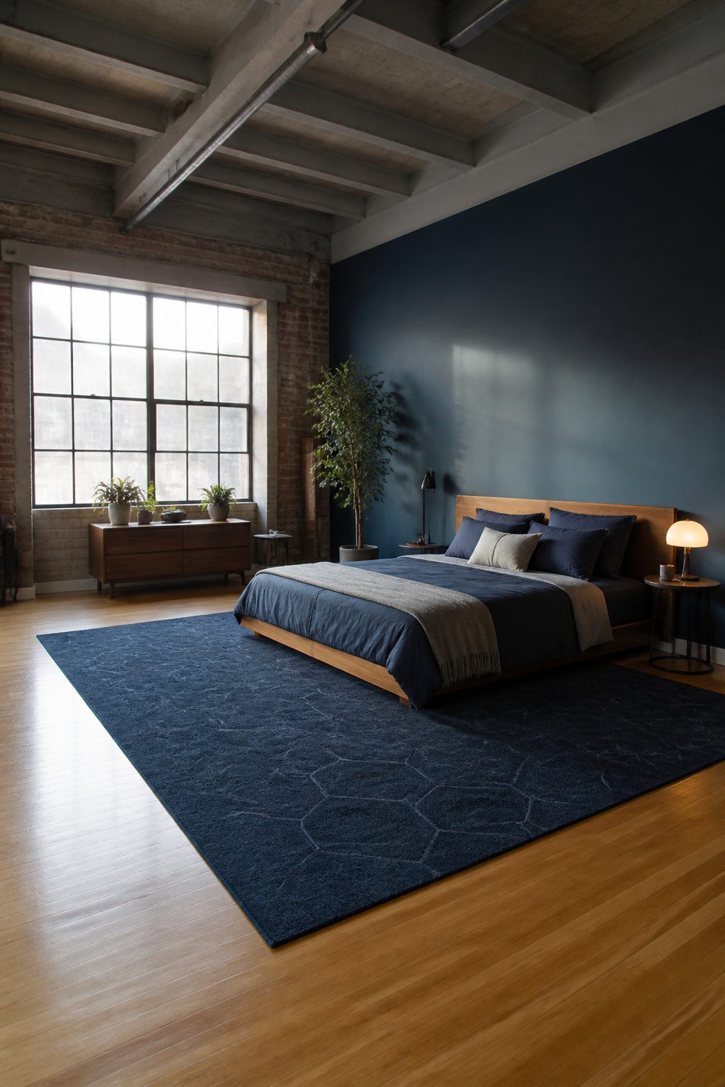 Navy rug under the bed in a bedroom with minimal decor.