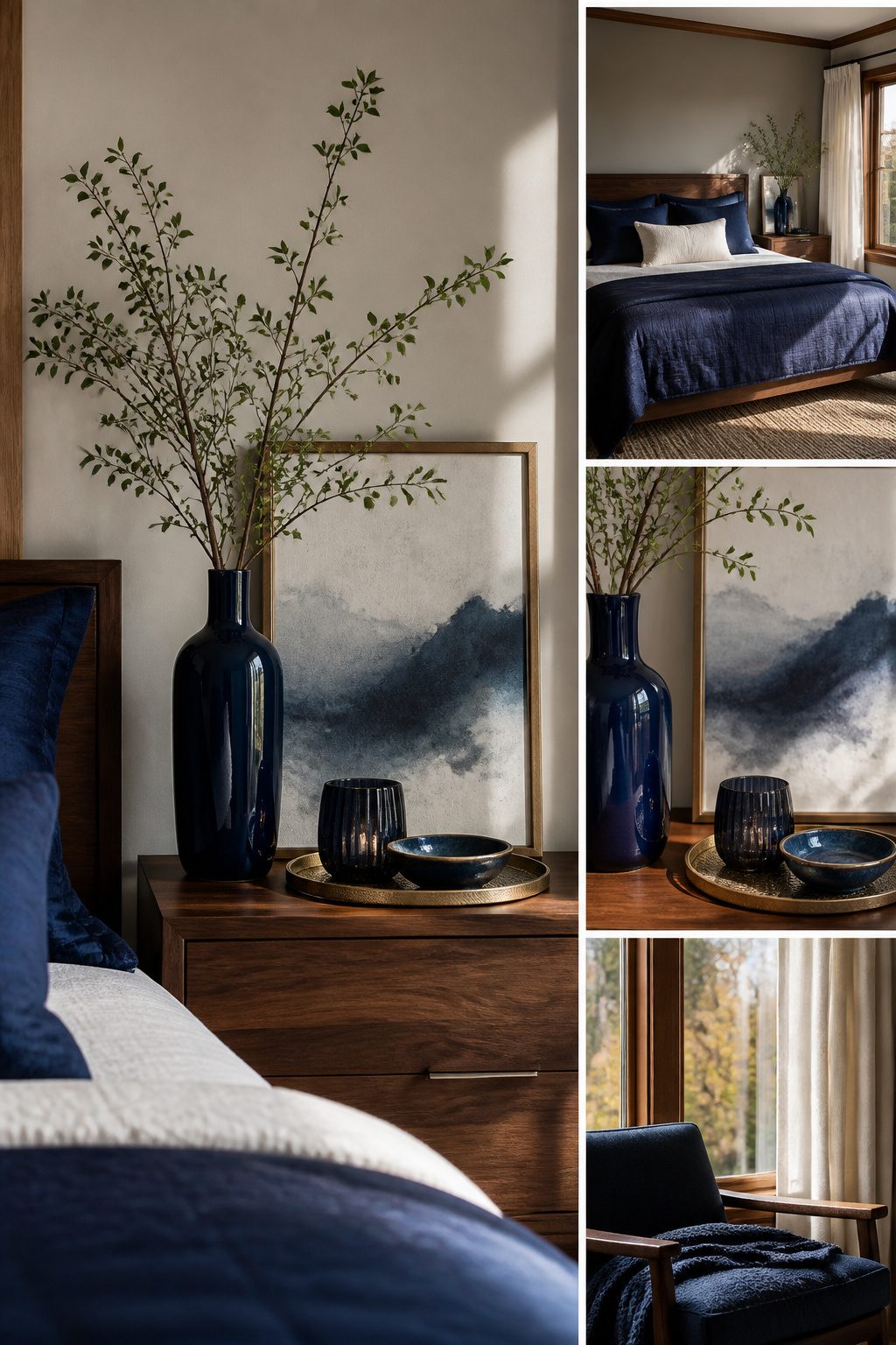 Navy accessories arranged on a dresser and wall art.