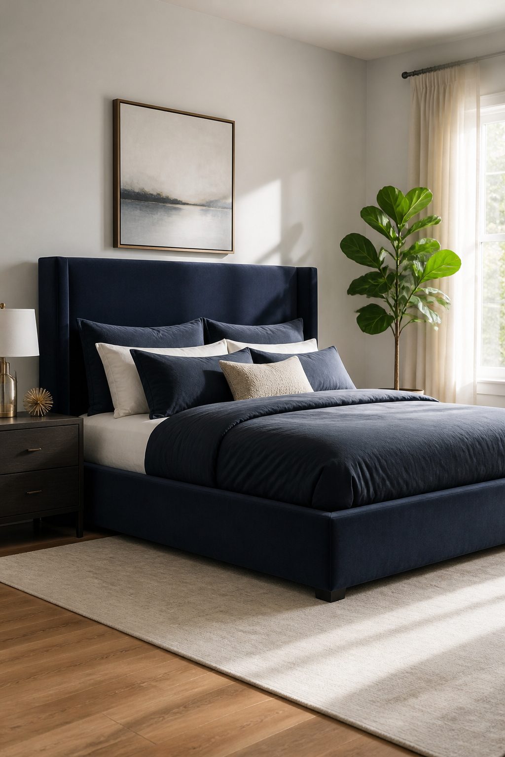 Navy metal bed frame in a minimalist bedroom setting.