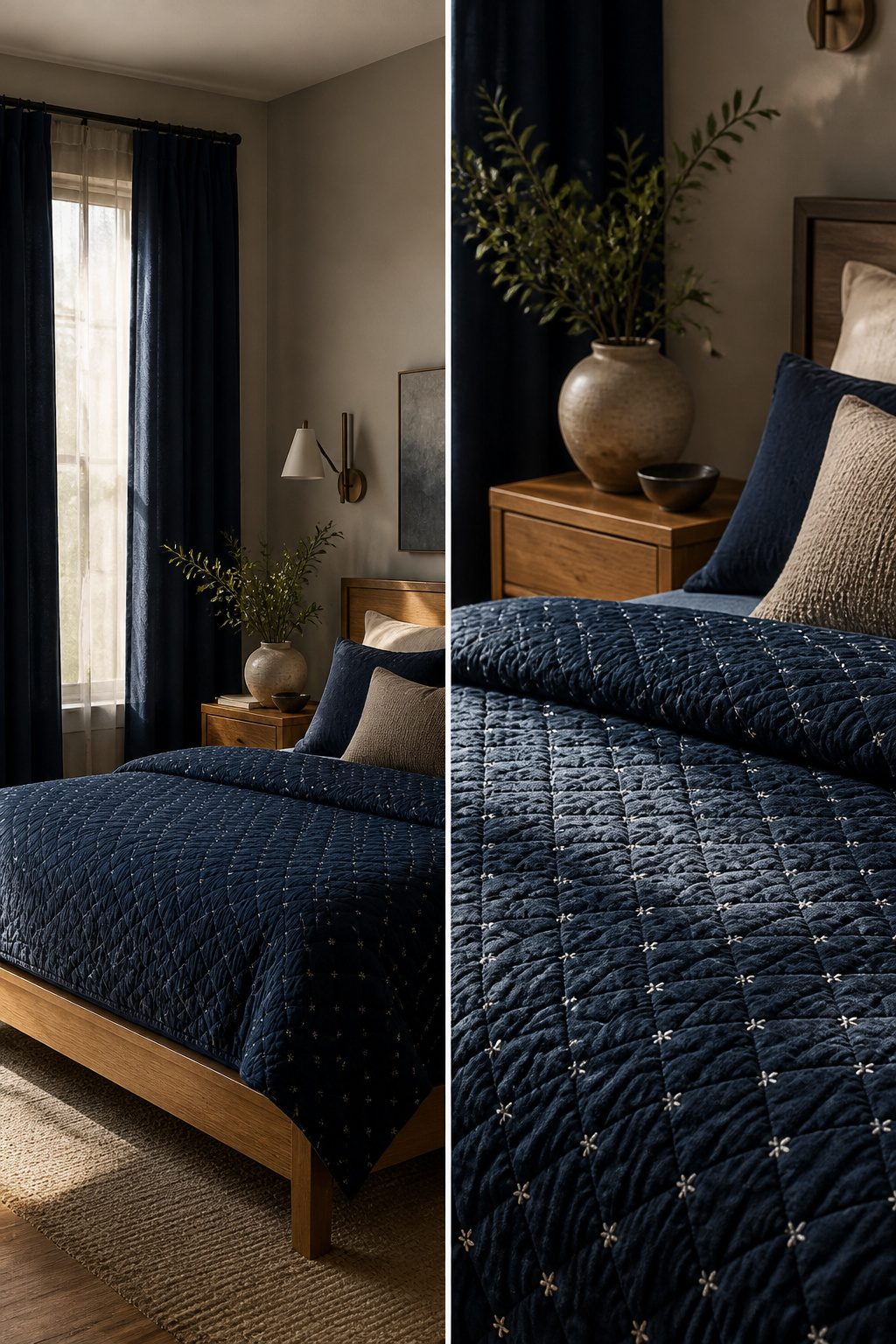Navy bedding paired with navy curtains in a bedroom.