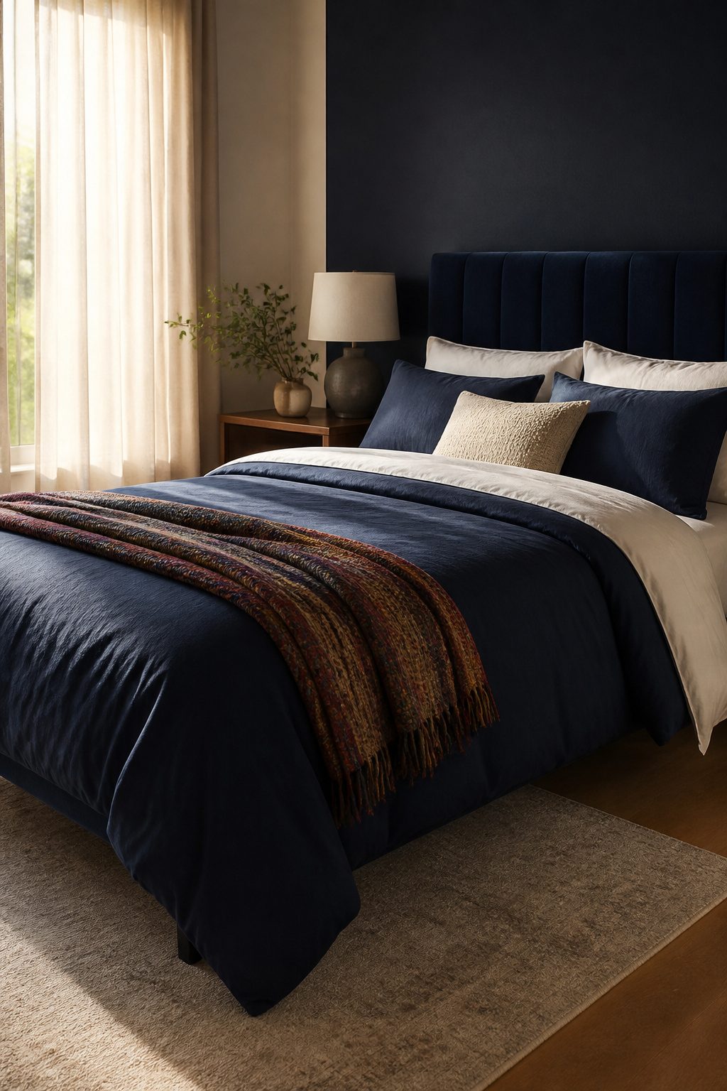 Navy duvet layered with white sheets and vibrant throw blanket.