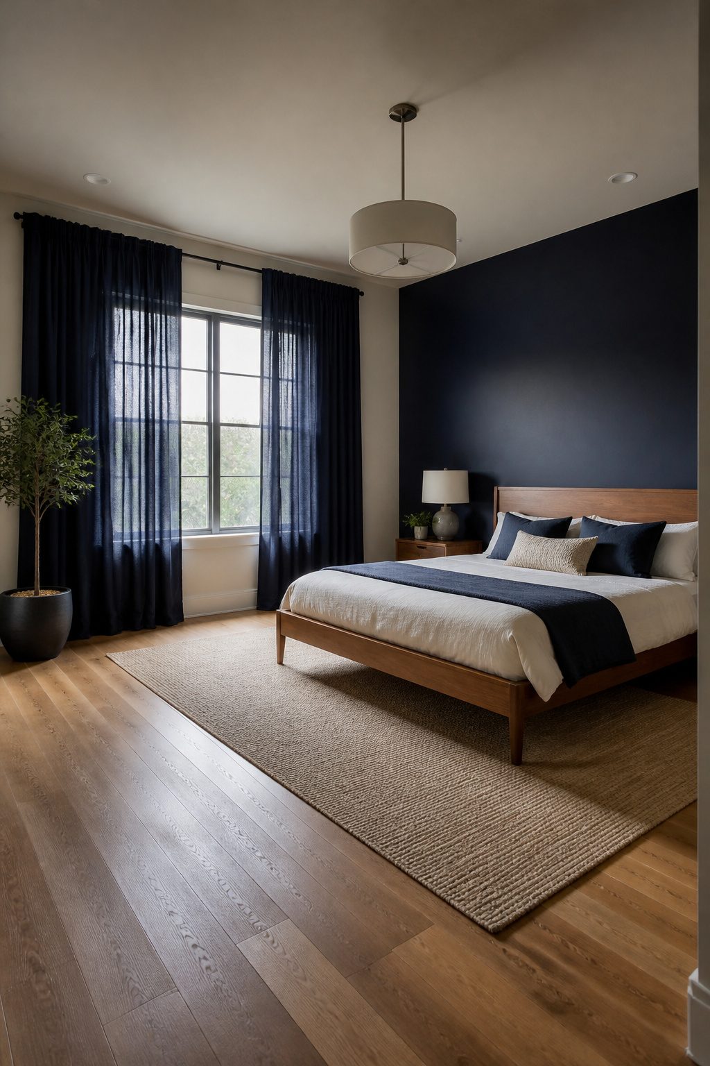 Navy curtains hanging beside a window in a bright bedroom.